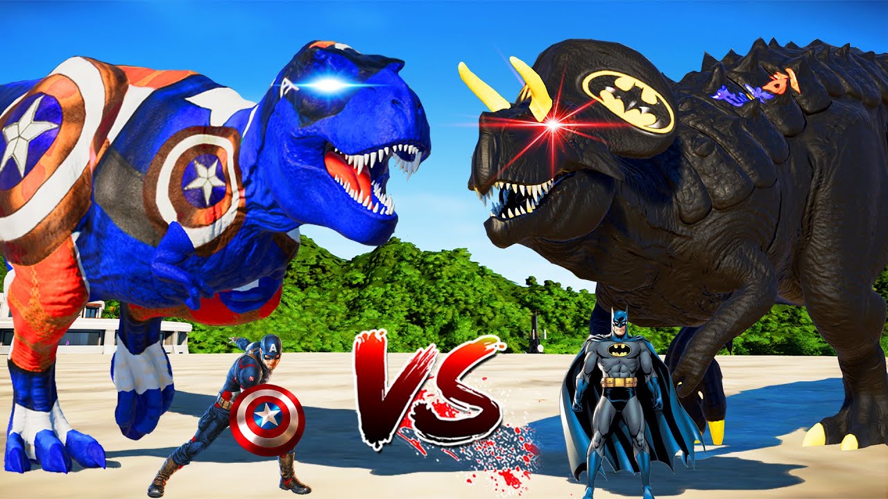 10 Batman Ultimasaurus vs 10 Captain America Tyrannosaurus Dinosaurs Fight 🌍Jurassic World Evolution