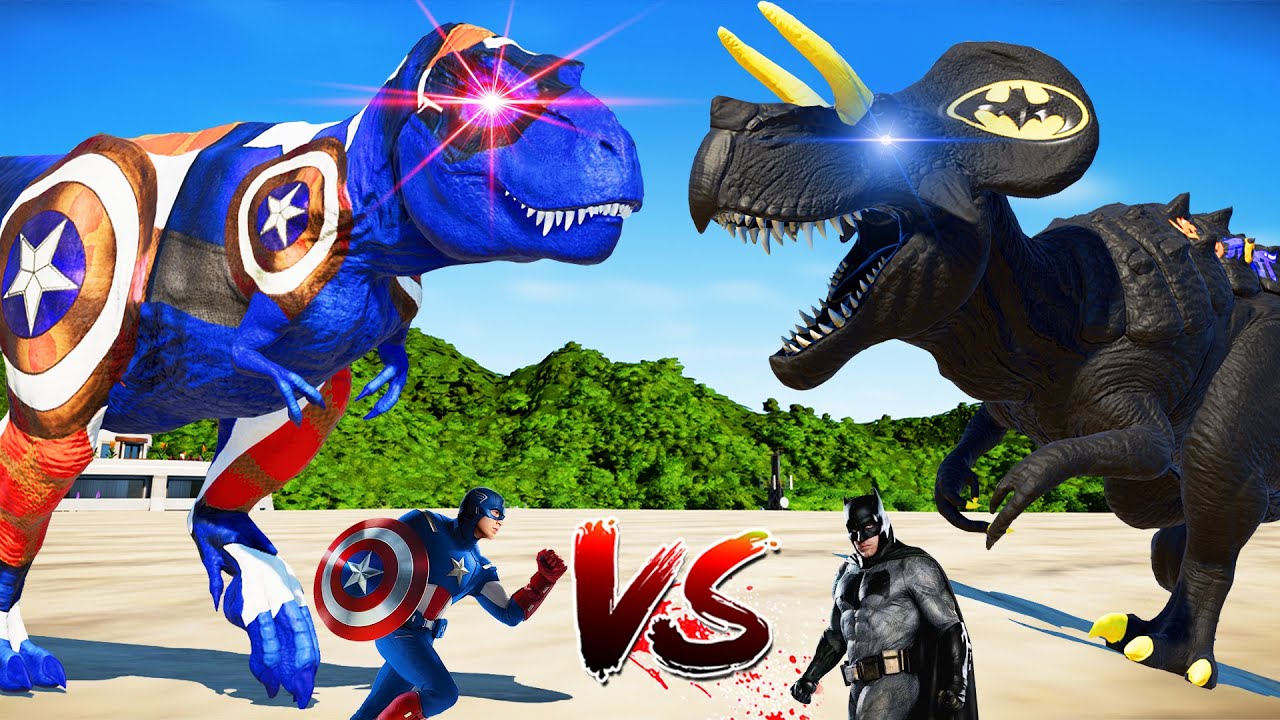 Batman Ultimasaurus vs Captain America Tyrannosaurus Dinosaurs Fight 🌍Jurassic World Evolution