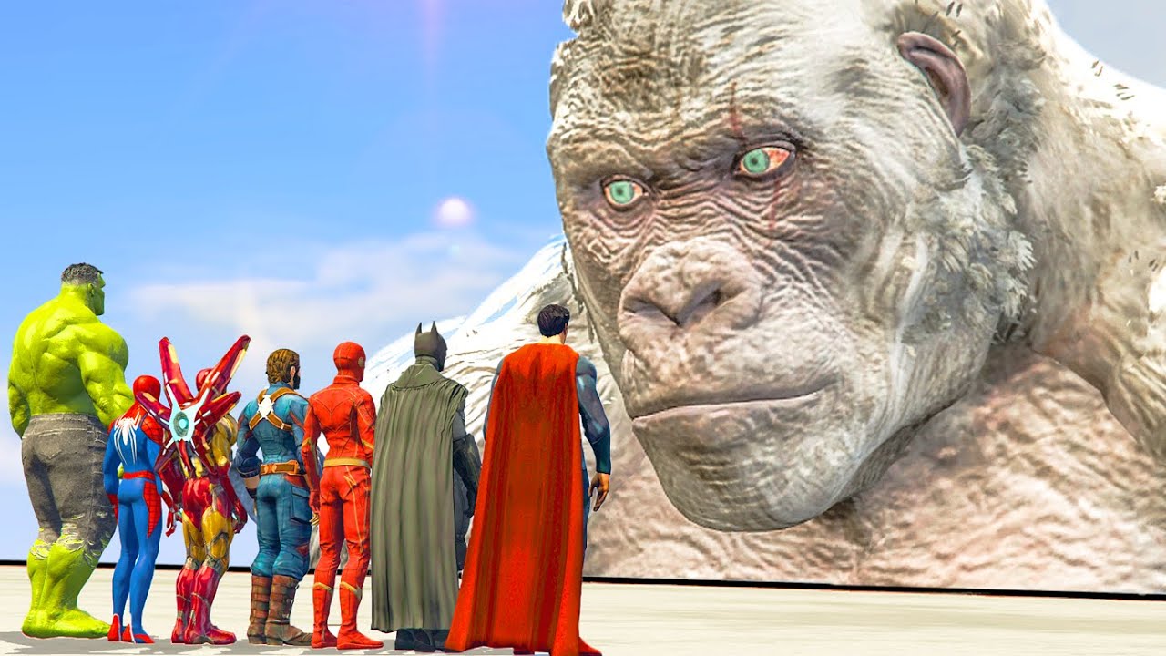 Spiderman & Hulk & Iron-Man & Superman & Flash & Batman vs White King Kong