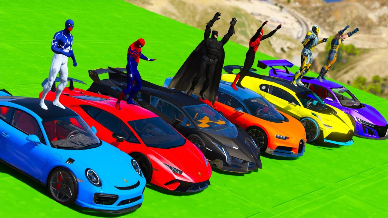 Spiderman, batman, superheroes supercars hard stunt سبايدر مان باتمان ابطال خارقون تحدي سيارات خارقة