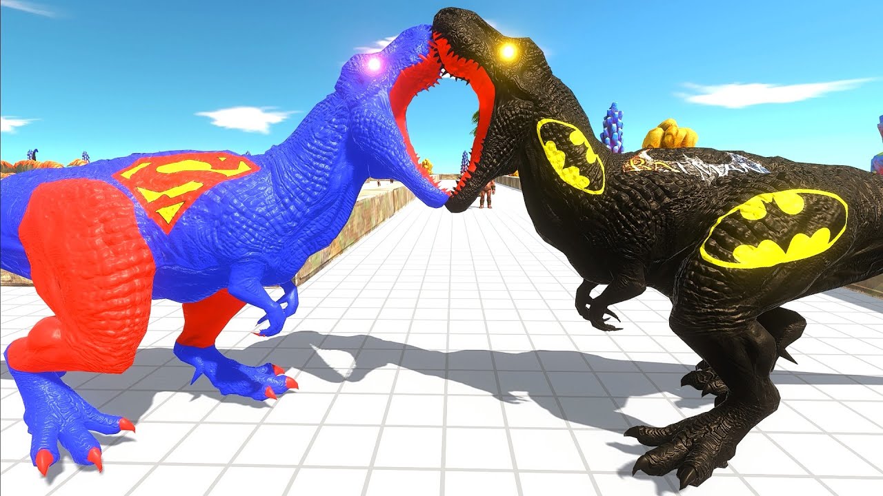 SUPERMAN T-REX vs BATMAN T-REX DEATH RUN - Animal Revolt Battle Simulator